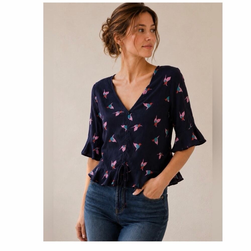 Elodie Navy Hummingbird Cinch Front Ruffle Sleeve Top S